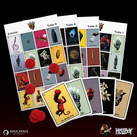 4 paper playing boards with illustrations from Hellboy, five cards with corresponding images, and 6 red markers sit on a black background